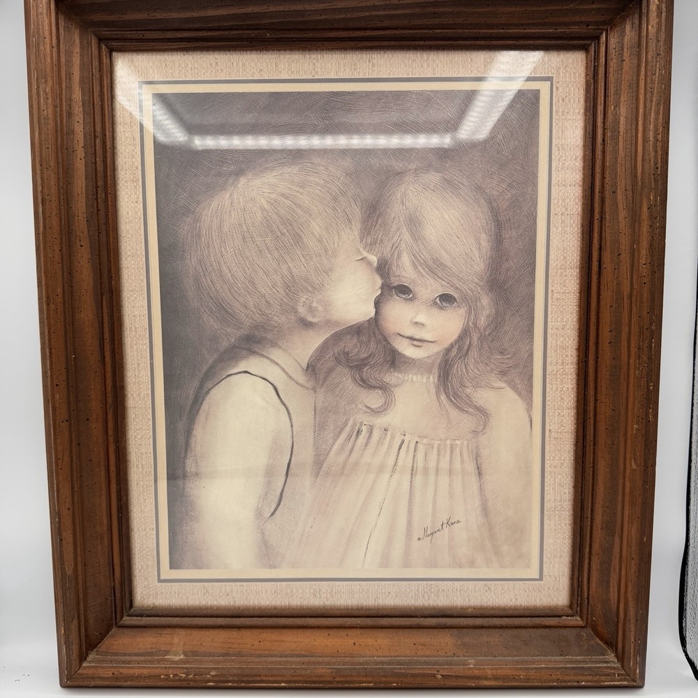 Vintage Margaret Kane A LITTLE KISS Big Eyes Art Print Signed Framed 20 "x 17"